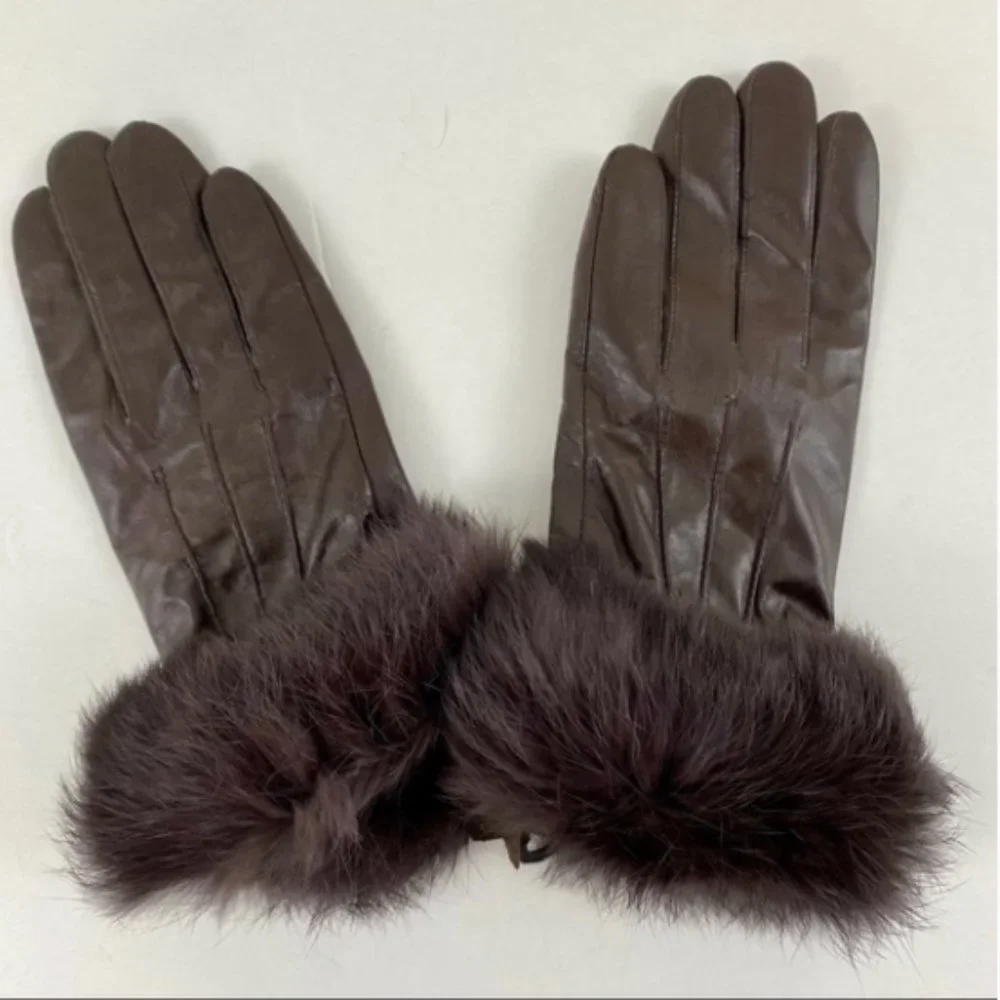 Leather Fur Gloves Large Rabbit Trim Short Brown